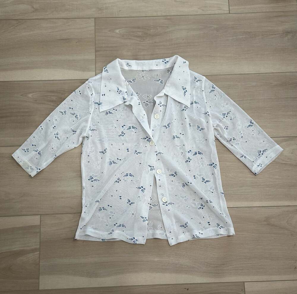 Y2K Sheer Mesh Butterfly Floral Button Down Babydoll Coquette Fairycore